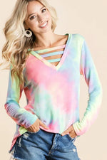 BiBi Tie Dye French Terry V-Neck Top with Strapped