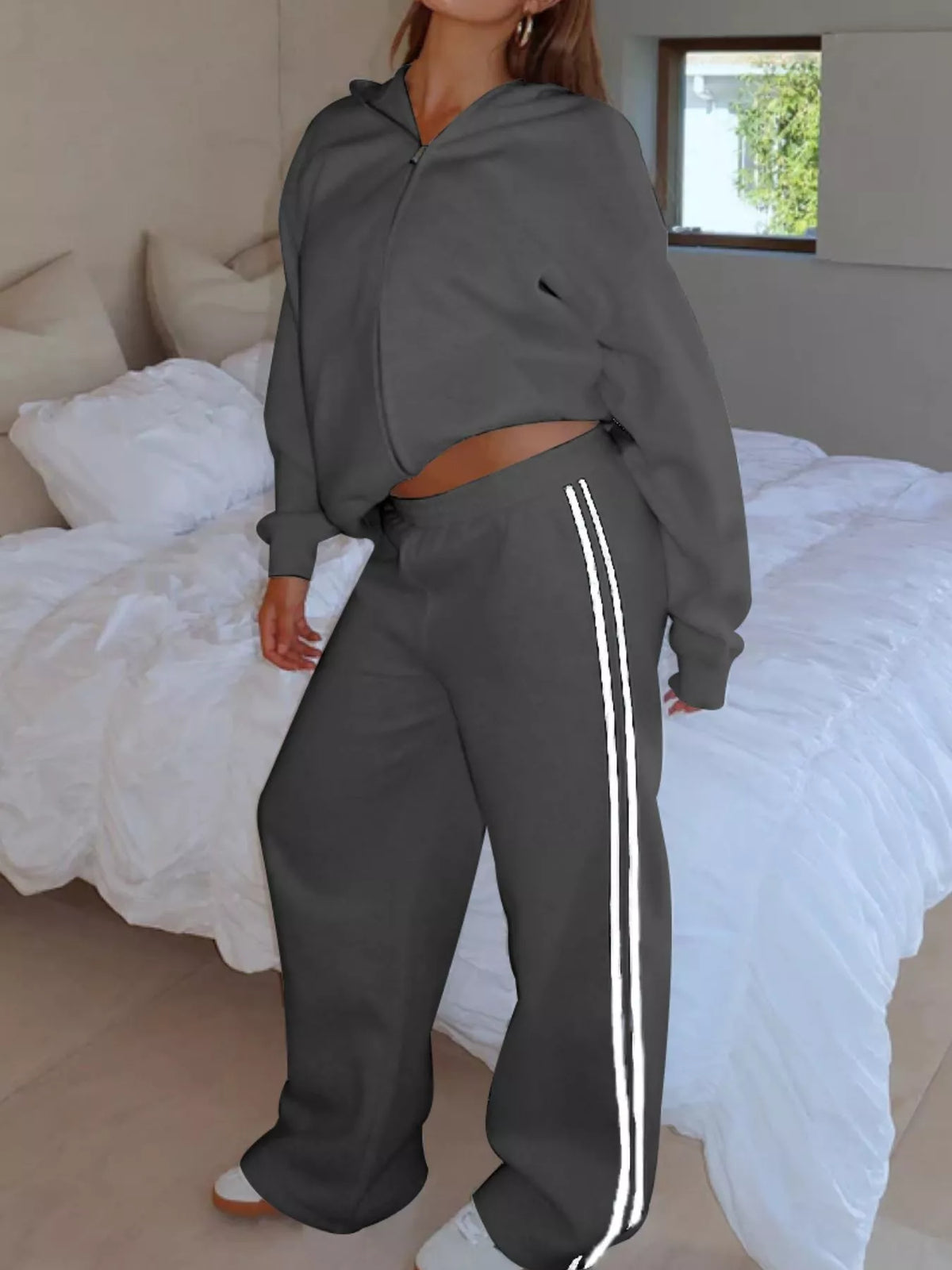 Zip Up Hoodie and Striped Pants Set