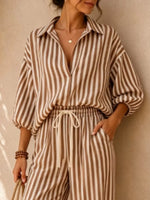 Striped Collared Shirt and Wide-Leg Drawstring Pants Set