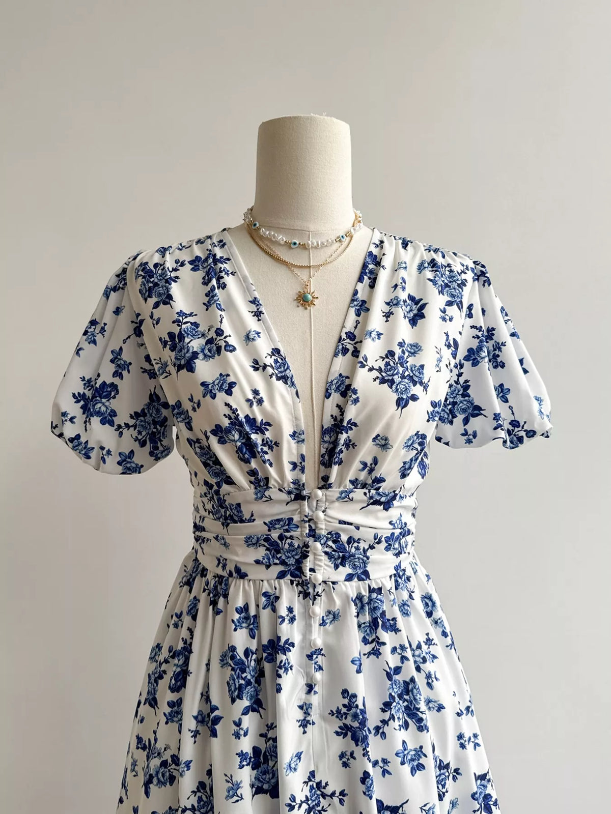 Floral Print V-Neck Puff Sleeve Dress