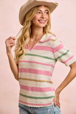 BiBi Multi Colors Stripes Collared Knit Top