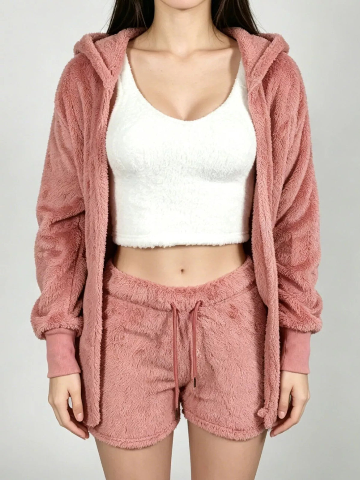 Full Size 3-Piece Fuzzy Plush Cardigan and Shorts Lounge Set with Crop Top Plus Size