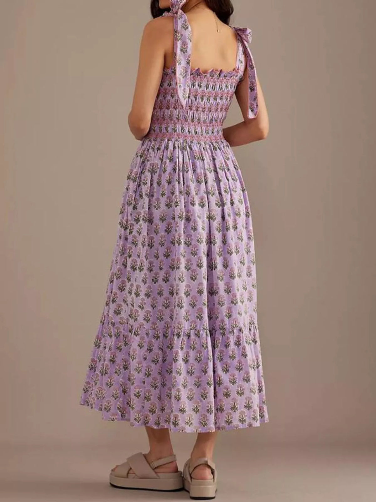 Floral Smocked Tie-Shoulder Midi Dress