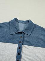 Color Block Denim Patchwork Button Polo Collar Short Sleeve Top