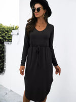 Drawstring Waist Long Sleeve Casual Dress
