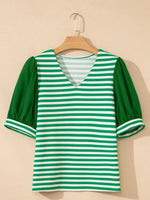 Striped Puff Sleeve V-Neck Blouse