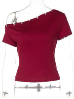 One-Shoulder Button-Decorated Fitted T-Shirt