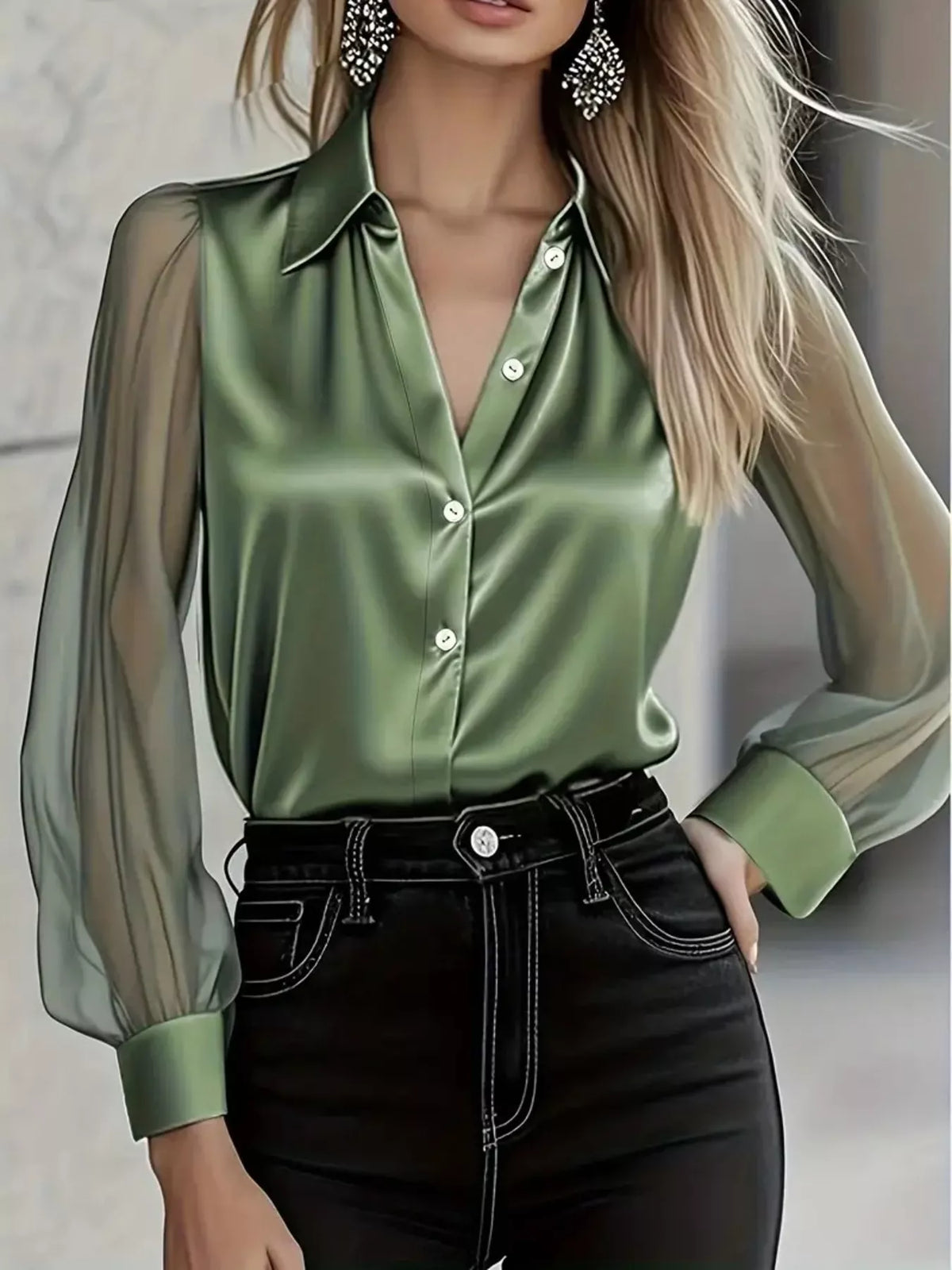 Satin Button Up Sheer Sleeve Shirt