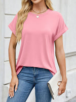 Casual Rolled Sleeve Solid Color T-Shirt