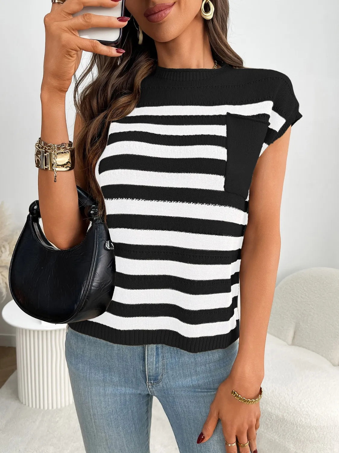 Striped Mock Neck Cap Sleeve Knit Top