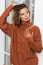 BiBi Twist Knitted Mock Neck Sweater Open One Shoulder