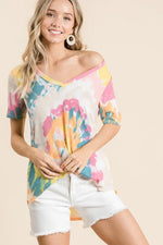 BiBi Circular Tie Dye Print V Neck Top