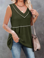 V-Neck Waffle Knit Tank Top with Contrast Stitching