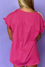 Frill Color Block Crew Neck Loose Fit T Shirt