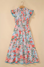 Floral Print V Neck Contrast Trim Flutter Sleeve Long Dress