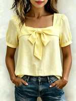 Bow Tie Square Neck Puff Sleeve Blouse