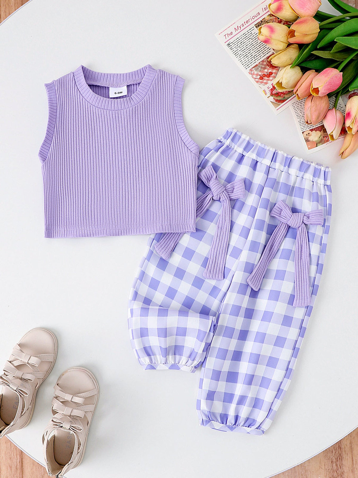 Children's Ribbed Tank Top and Plaid Pants Set with Bows