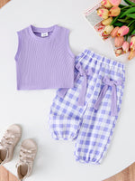 Children's Ribbed Tank Top and Plaid Pants Set with Bows