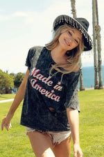 BiBi Laser Cut Mineral Washed America Print Top
