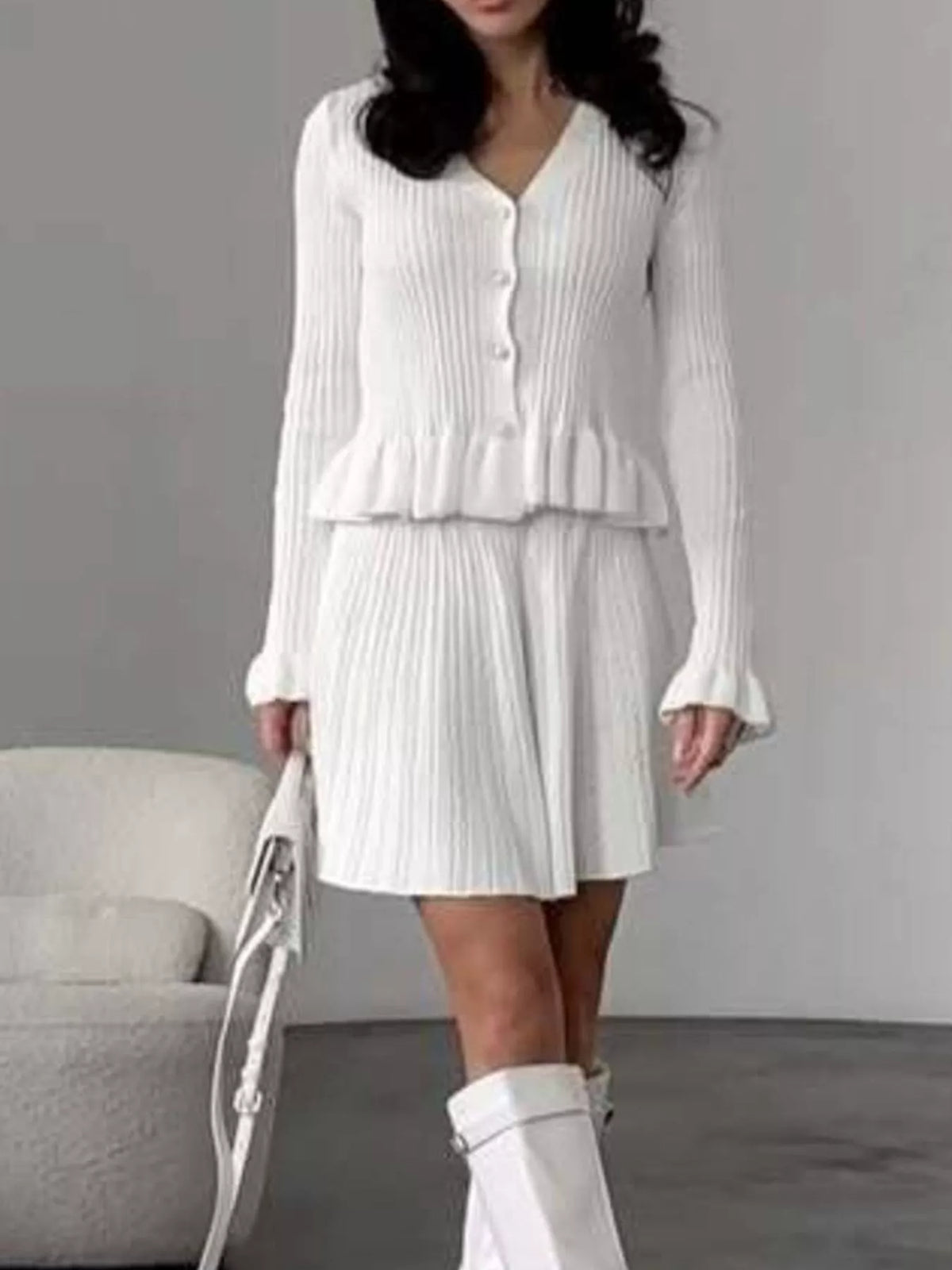 Ruffle Trim Knit Cardigan & Skirt Set