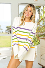 BiBi Ribbed Hem Mardi Gras Stripe Sweater