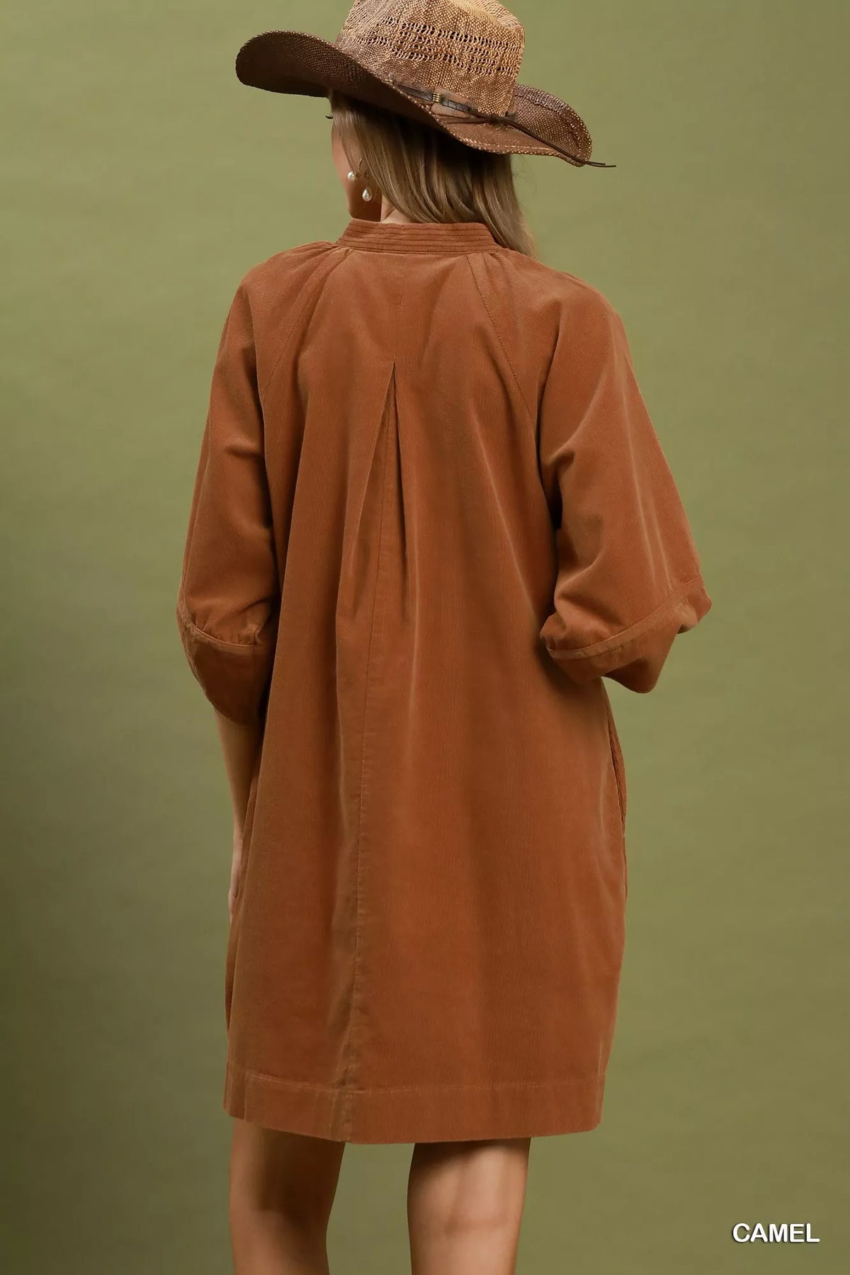 Umgee Corduroy V-Neck Puff Sleeve Shift Dress with Pockets