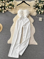 Feather Trim Strapless Wide Leg Jumpsuit
