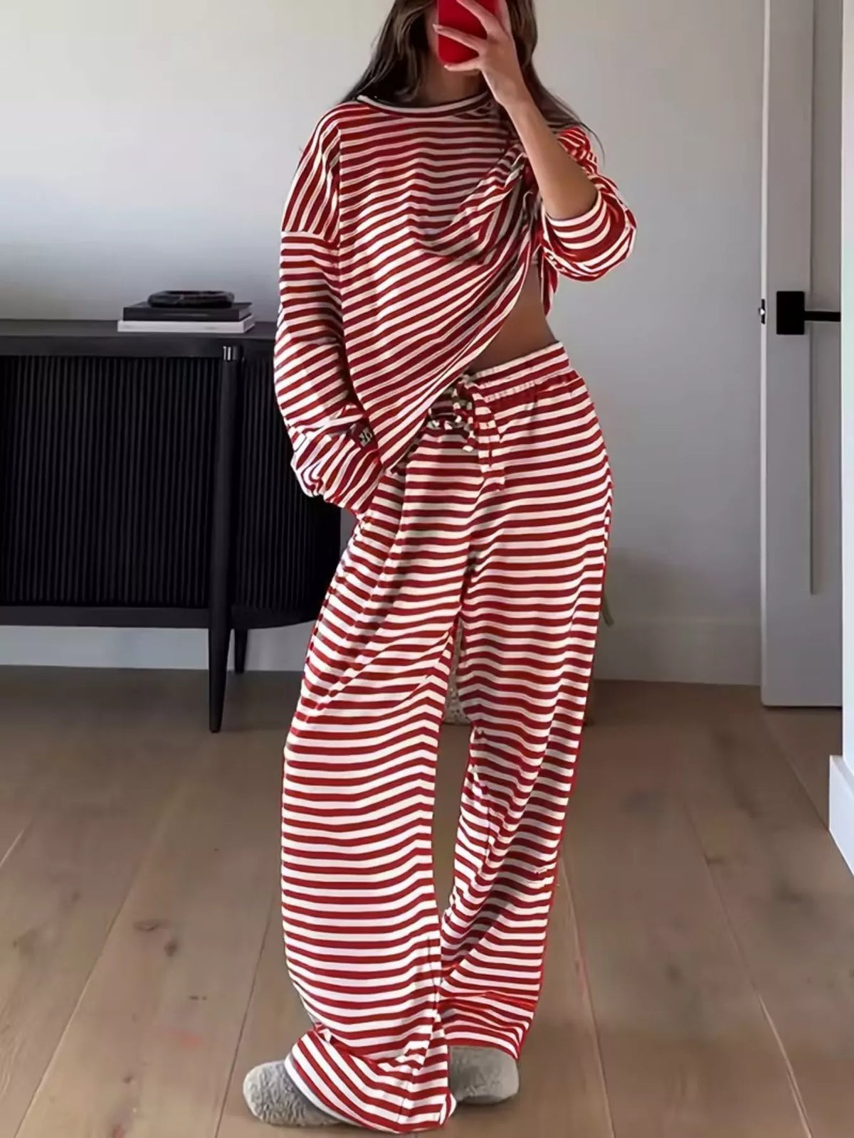 Striped Round Neck Top and Pants Set