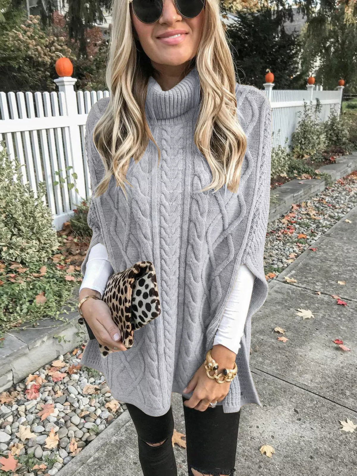 Chunky Cable Knit Turtleneck Poncho Cover Up