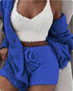 Full Size 3-Piece Fuzzy Plush Cardigan and Shorts Lounge Set with Crop Top Plus Size