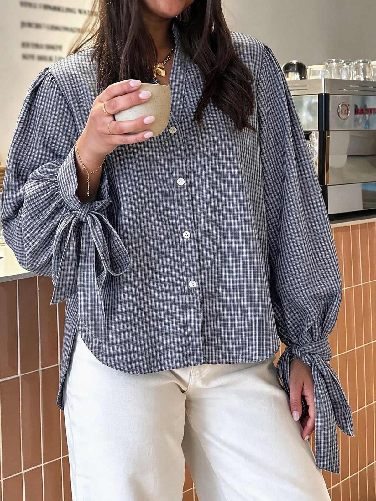 Gingham Button Up Shirt with Tie-Sleeve Detail