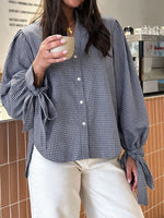 Gingham Button Up Shirt with Tie-Sleeve Detail