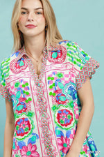 Umgee Mediterranean Print Dress with Contrast Printed Trim