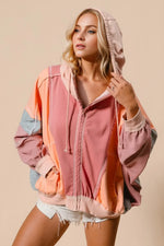 Double Take Full Size Color Block Zip Up Hoodie