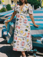 Printed V-Neck Short Sleeve Dress