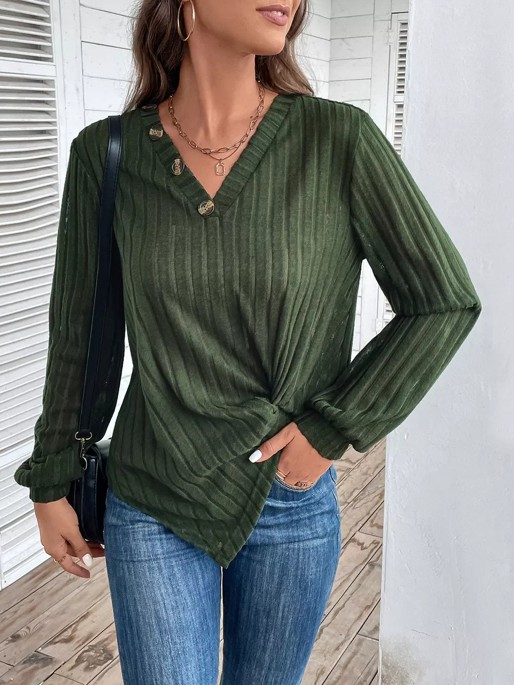 Perfee Twisted V-Neck Buttoned Long Sleeve T-Shirt