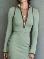 Full Size Contrast Trim Zip-Up Long Sleeve Knit Maxi Dress Plus Size