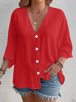 Full Size Casual V-Neck Button Down Relaxed Fit Blouse Plus Size