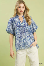 Umgee Abstract Print Ruffled Puff Sleeve Top
