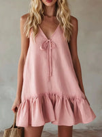 V-Neck Tie Front Ruffle Hem Mini Dress