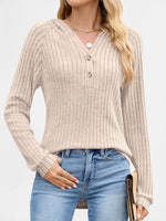 Full Size Ribbed Knit Button Detail Hooded Top Plus Size