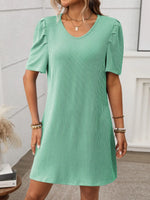 Textured Round Neck Short Sleeve Mini Dress
