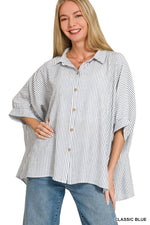 Zenana Woven Stripe Button Down Boxy Shirt