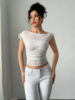 Glitter Stars Sheer Mesh Ruched Crop Top