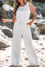 Solid Color Crew Neck Drawstring High Waist Sleeveless Jumpsuit