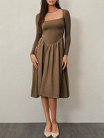 Square Neck Long Sleeve Midi Dress