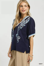 Umgee Embroidered Floral V-Neck Short Sleeve Blouse with Contrast Trim
