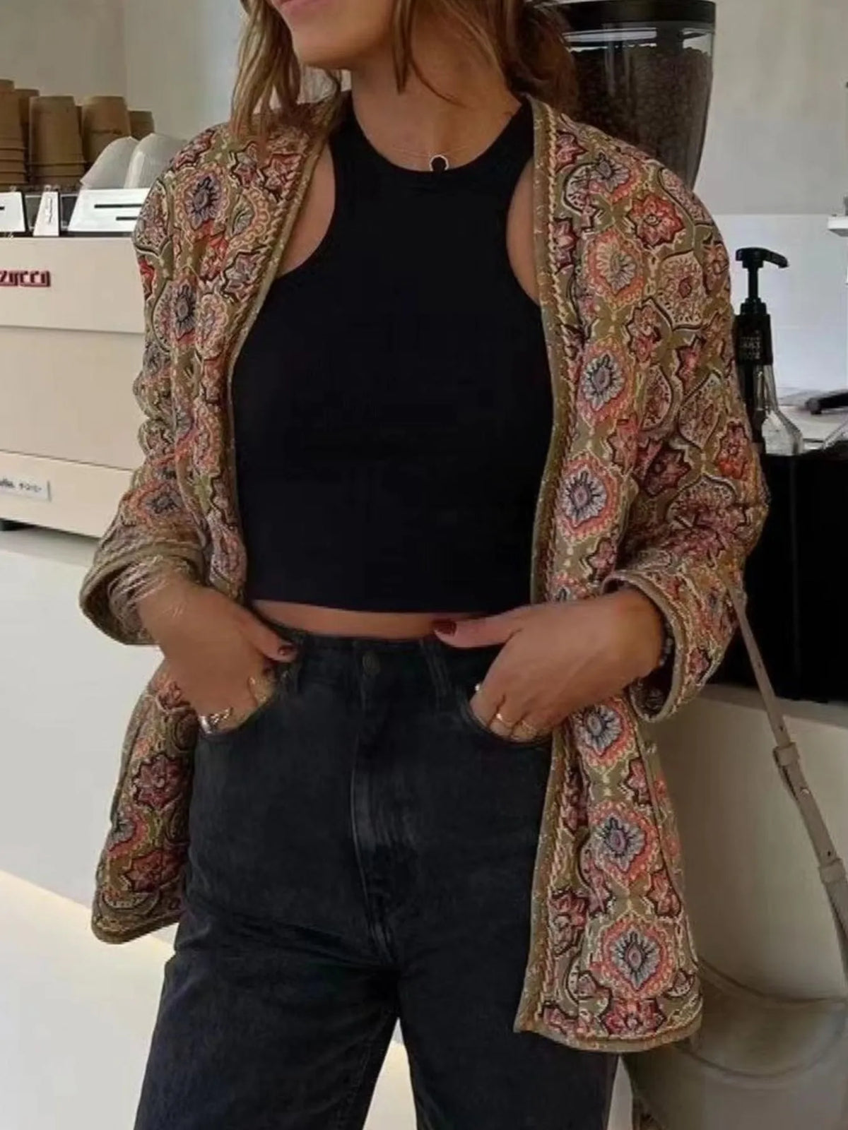 Belted Open Front Floral Winter Coat