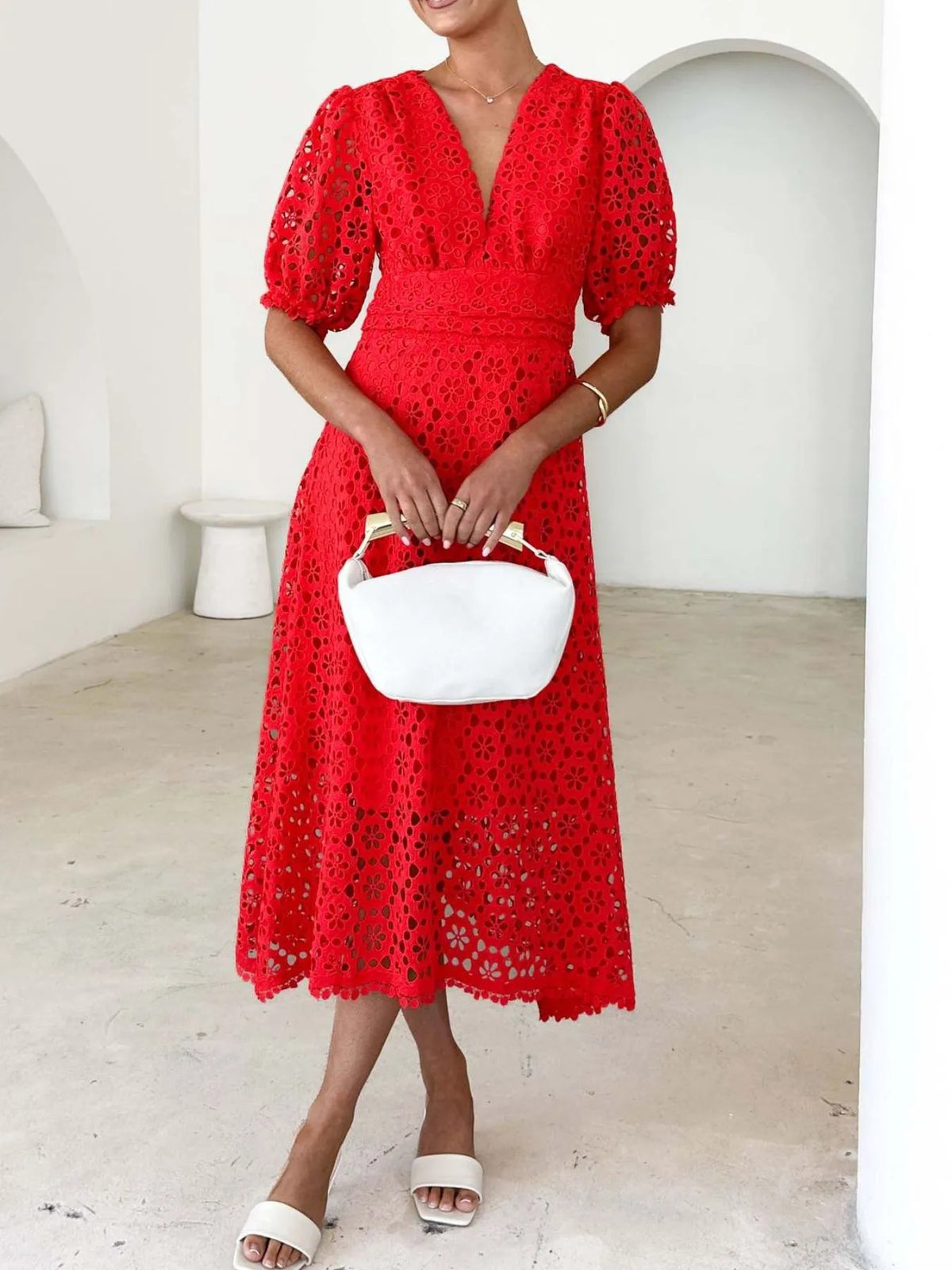 Eyelet Lace V-Neck Midi Dress with Puff Sleeves
