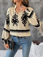 Printed Notched Lantern Sleeve Blouse